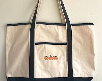 Embroidered Pumpkin Halloween Tote Bag, Trick Or Treat Bag, Boat Tote