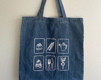 Hand-Printed Garden Veggies Cotton Tote Bag: Reusable Market Bag