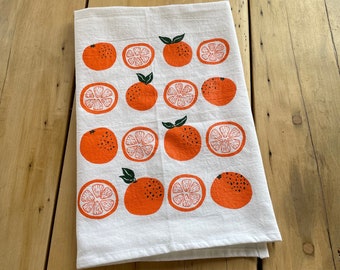 Tea Towel, Oranges, Citrus Towel, Screen Printed Flour Sack Towel