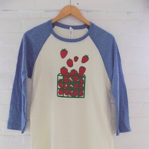 Strawberry Shirt, Raglan Shirt, Gardening Gift, Screen Printed T Shirt, Clothing Gift, Foodie Gift