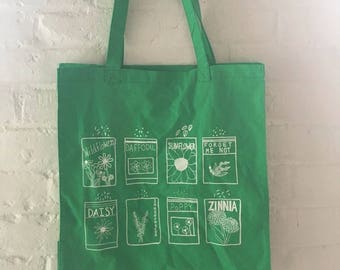 Market Tote, Flower Tote Bag, Screen Printed Cotton Reusable Bag