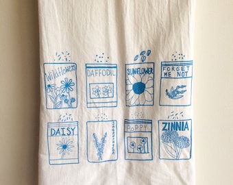Flower Tea Towel, Screen Printed Flour Sack Towel