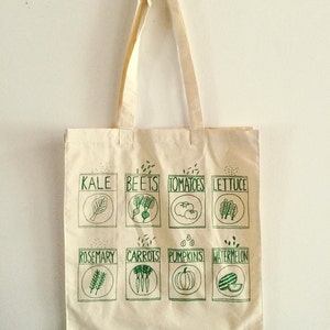 May include: A white canvas tote bag with green text and illustrations of various vegetables and herbs. The text includes the names of the plants: Kale, Beets, Tomatoes, Lettuce, Rosemary, Carrots, Pumpkins, and Watermelon.