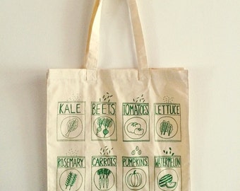 Garden Tote Bag, Market Tote, Kale Tote,  Screen Printed Cotton Reusable Bag