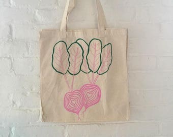 Beet Tote Bag, Market Tote, Kale Tote,  Screen Printed Cotton Reusable Bag