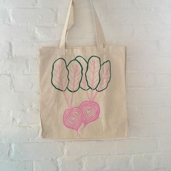 Beet Tote Bag, Market Tote, Kale Tote,  Screen Printed Cotton Reusable Bag