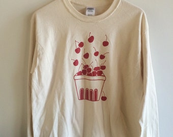 Cherry Shirt, Fruit Shirt, Food Shirt, Screen Printed T Shirt, Long Sleeves, Fruit Print