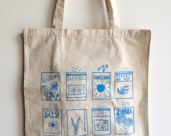 Market Tote, Flower Tote Bag, Screen Printed Cotton Reusable Bag