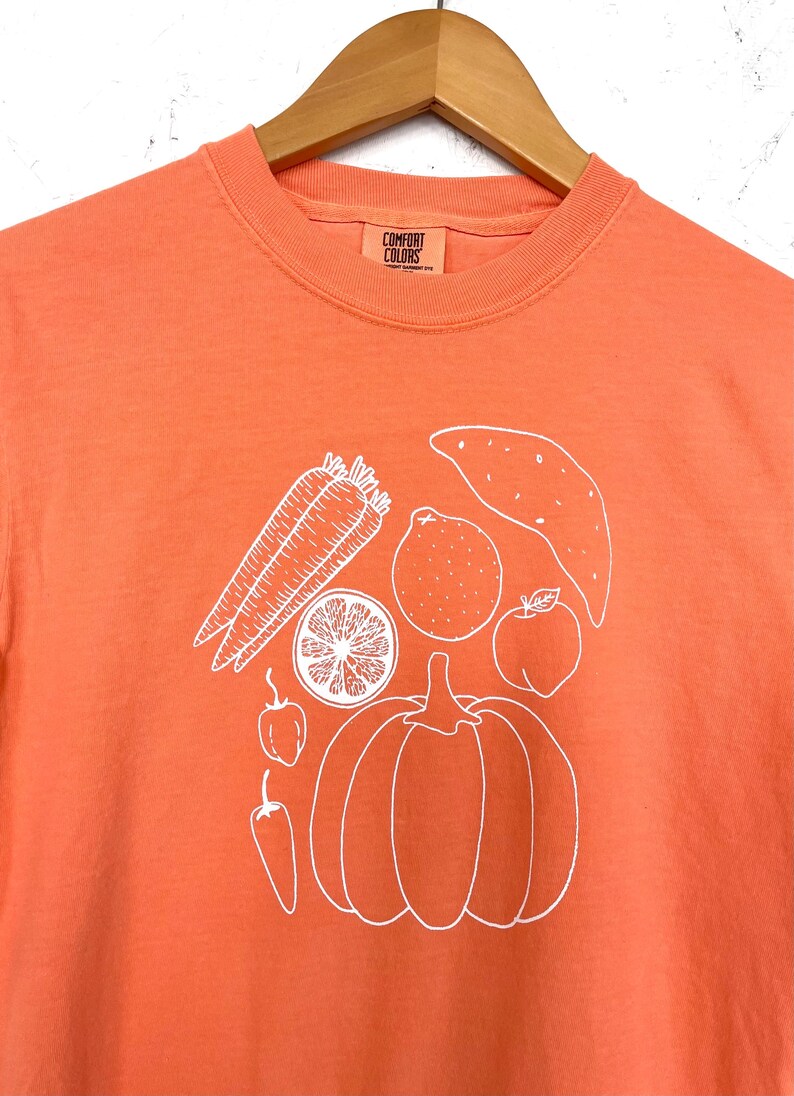 May include: Orange Comfort Colors t-shirt with a white outline illustration of various vegetables and fruits, including carrots, a pumpkin, and an orange slice. The shirt has a crew neck and short sleeves.