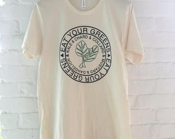 Eet je greens T-shirt, voedsel shirt, boerenkool shirt, zeefdruk shirt, zachte stijl T-shirt