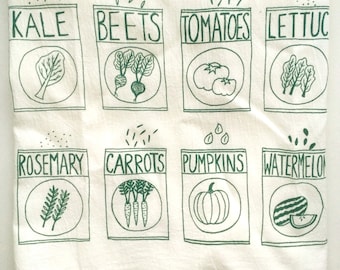 Flour Sack Tea Towel, Seeds Tea Towel, Garden Towel, Kale Towel, Screen Printed Flour Sack Towel