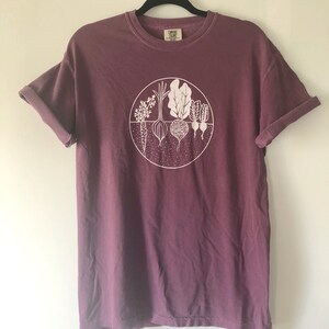 May include: A maroon t-shirt with a white graphic of a circle containing various vegetables, including carrots, onions, radishes, and leafy greens. The text "Comfy Clothes" is visible on the tag.