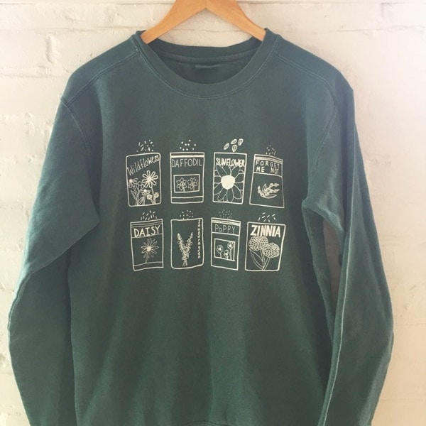 Flower Seed Packet Sweatshirt, Hand-Screenprinted Garden Design