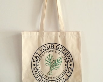 Kale Tote Bag, Market Tote, Eat Your Greens, Farmers Market Tote, Screen Printed Cotton Reusable Bag