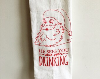 Funny Santa Christmas Tea Towel, Hand-Printed Flour Sack