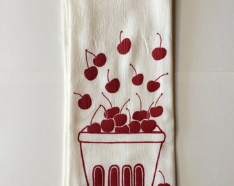 Cherry Tea Towel, Screen Printed Flour Sack Towel