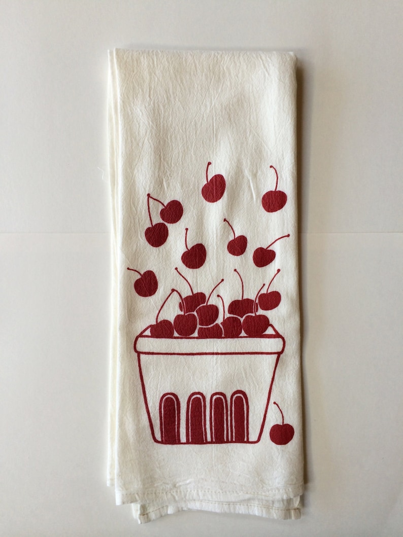 Cherry Tea Towel Screen Printed Flour Sack Towel image 1