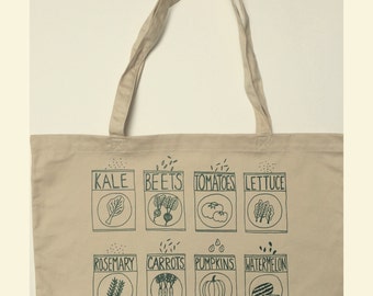 Garden Tote Bag, Market Tote, Kale Tote, Food Tote, Reusable Bag