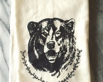 Bear Tea Towel, Camping Towel, Screen Printed Flour Sack Towel