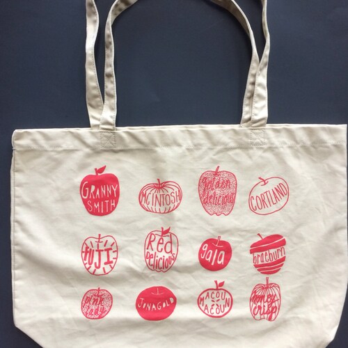 Apple Tote Bag, Market Tote, Screen Printed Tote, Food Bag, Reusable Bag