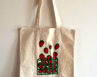 Strawberry Tote Bag, Screen Printed Cotton Reusable Bag, Market Tote, Food Bag