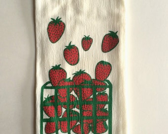 Strawberry Tea Towel, Flour Sack Towel, Summer Tea Towel, Screen Printed Flour Sack Towel