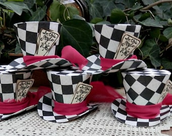 3&quot; Checkered Mad Hatter Top Hats, Customize Tags, Alice in Wonderland Party Favors
