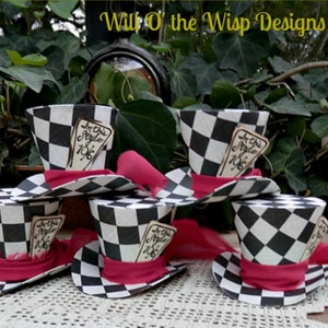 3" Checkered Mad Hatter Top Hats, Customize Tags, Alice in Wonderland Party Favors