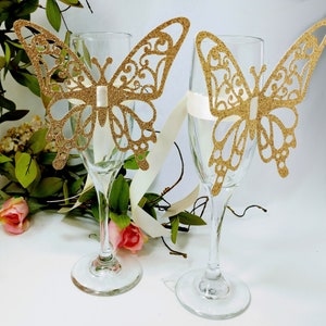 Butterfly Champagne Flute Decorations, Sets of 3 Gold