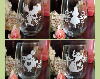 Alice in Wonderland 20 oz Stemless Wine Glasses with Vinyl Mad Hatter, Alice, Queen of Hearts & Rabbit Decals - Set of 4