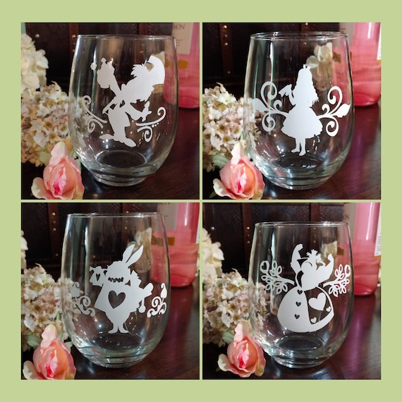 Alice in Wonderland Alice 20 oz Stemless Wine Glasses with White Vinyl Mad Hatter, Alice, Queen of Hearts & Rabbit Decals - Set of 4 Il_570xn