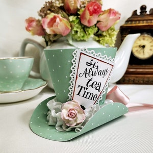 3.5 Mint Green Tea Time Hat, Tea Party Gift, Ladies Tea, Birthday, Bridal Tea, Showers, Afternoon Tea Favor, Cake Topper, Table decoration image 10