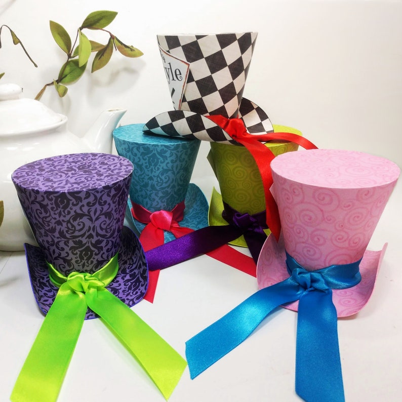 3 Mad Hatter Top Hats, Set of 5 Alice in Wonderland Tea Party Favors-Birthday party hats Showers-party decor, Cake Toppers, custom tags image 3