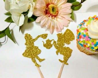 10 Pc. Alice Tea Party Cupcake Toppers, Alice and the Hatter in Your choice of Glitter cardstock colors.
