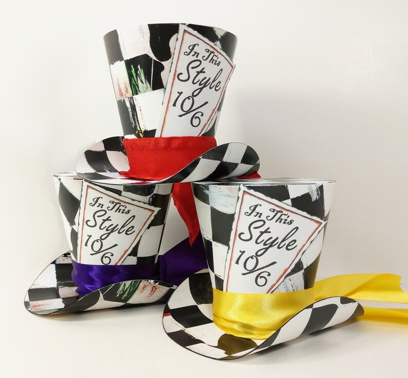 Large 4 Mad Hatter Whimsical Checkered Top Hats Alice Etsy