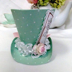 3.5 Mint Green Tea Time Hat, Tea Party Gift, Ladies Tea, Birthday, Bridal Tea, Showers, Afternoon Tea Favor, Cake Topper, Table decoration image 3