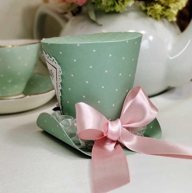 3.5 Mint Green Tea Time Hat, Tea Party Gift, Ladies Tea, Birthday, Bridal Tea, Showers, Afternoon Tea Favor, Cake Topper, Table decoration PINK BOW