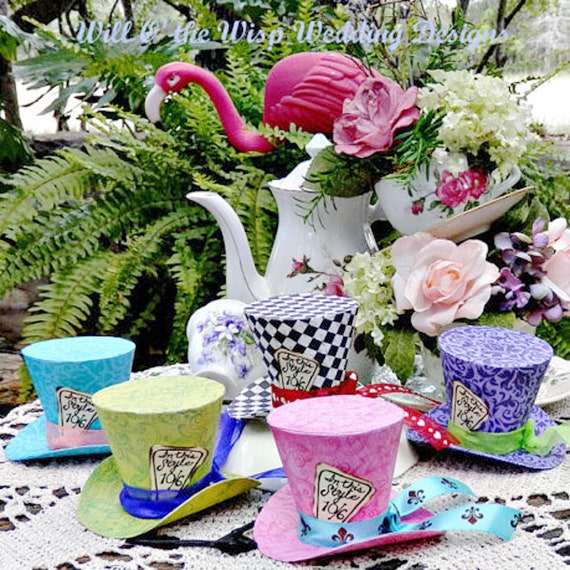 3" Mad Hatter Top Hats, Set of 5- Alice in Wonderland Tea Party Favors-Birthday Decorations-Cake Toppers with Customize Tags Il_570xn