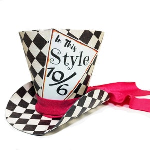 4" Harlequin Checkered Mad Hatter Top Hat, Alice in Wonderland Party Favors, Customized Tag