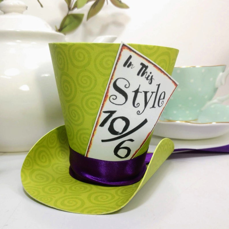 3 Mad Hatter Top Hats, Set of 5 Alice in Wonderland Tea Party Favors-Birthday party hats Showers-party decor, Cake Toppers, custom tags image 5