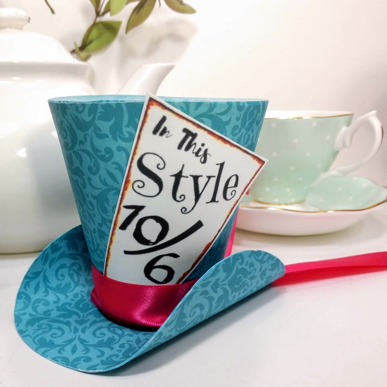 3 Mad Hatter Top Hats, Set of 5 Alice in Wonderland Tea Party Favors-Birthday party hats Showers-party decor, Cake Toppers, custom tags image 8