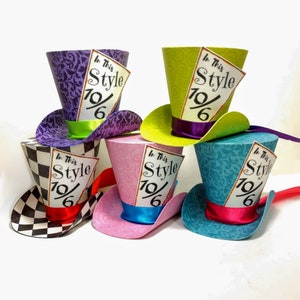 3 Mad Hatter Top Hats, Set of 5 Alice in Wonderland Tea Party Favors-Birthday party hats Showers-party decor, Cake Toppers, custom tags image 1