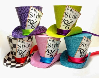 3&quot;  Mad Hatter Top Hats, Set of 5- Alice in Wonderland Tea Party Favors-Birthday party hats- Showers-party decor, Cake Toppers, custom tags