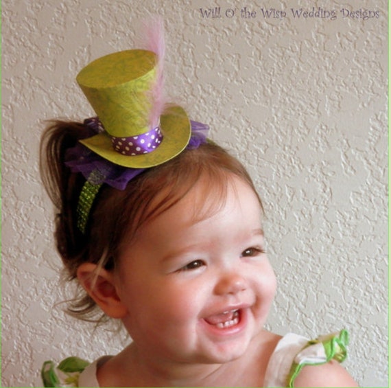 1- 2.5" Mad Hatter Top Hat, Lime Green Rhinestone Headband, Alice in Wonderland Tea Party Favors, Customize Tag Il_570xn