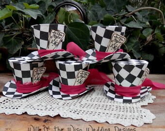 Checkered Alice in Wonderland Mad Hatter Top hats,Party favors,Tea Party decorations,photo props,party hats,ornaments,customize tags option