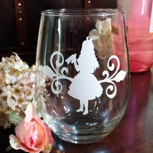 Alice in Wonderland Personalized Wine Glass, 20 oz Stemless Wine Glasses Alice Vinyl  Decal