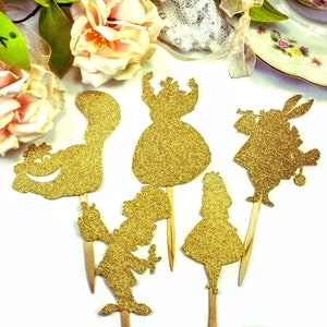 Alice in Wonderland Glitter Cupcake Toppers, Set of 10