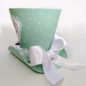 3.5 Mint Green Tea Time Hat, Tea Party Gift, Ladies Tea, Birthday, Bridal Tea, Showers, Afternoon Tea Favor, Cake Topper, Table decoration WHITE BOW