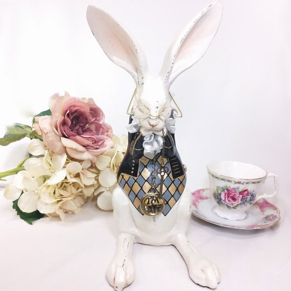 Alice in Wonderland White Rabbit figurine, Edwardian Style in Black and Gold, Harlequin Check, Victorian Tea Party centerpiece Il_570xn