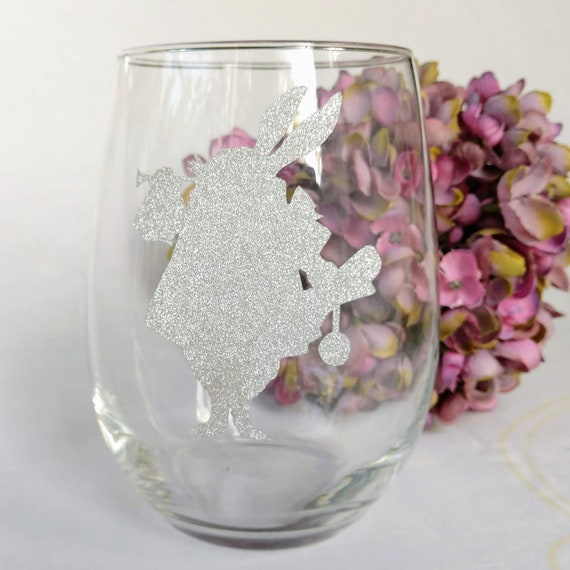 White Rabbit Alice in Wonderland Personalized Wine Glasses, 20 oz Stemless Wine Glasses with Silver Rabbit Glitter Decal Il_570xn